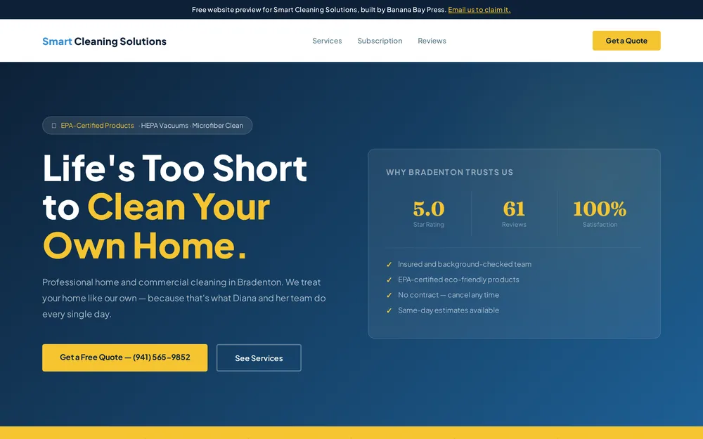 Smart Cleaning Solutions website built by Banana Bay Press