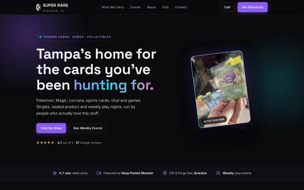 Super Rare trading card shop website built by Banana Bay Press